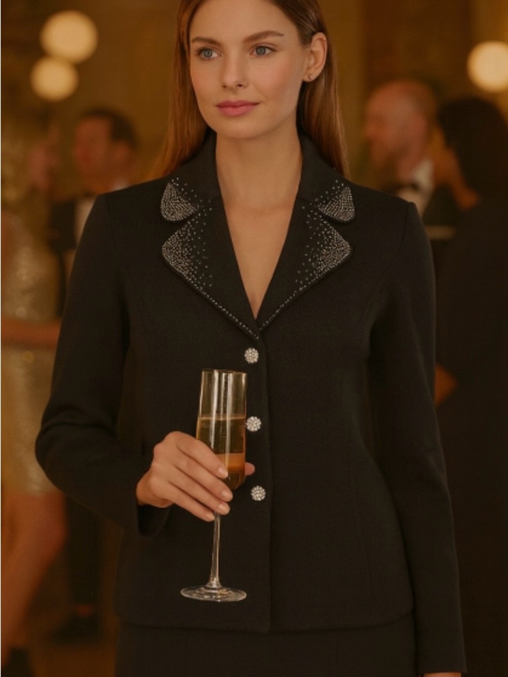 St. John Black Embellished Lapel Blazer